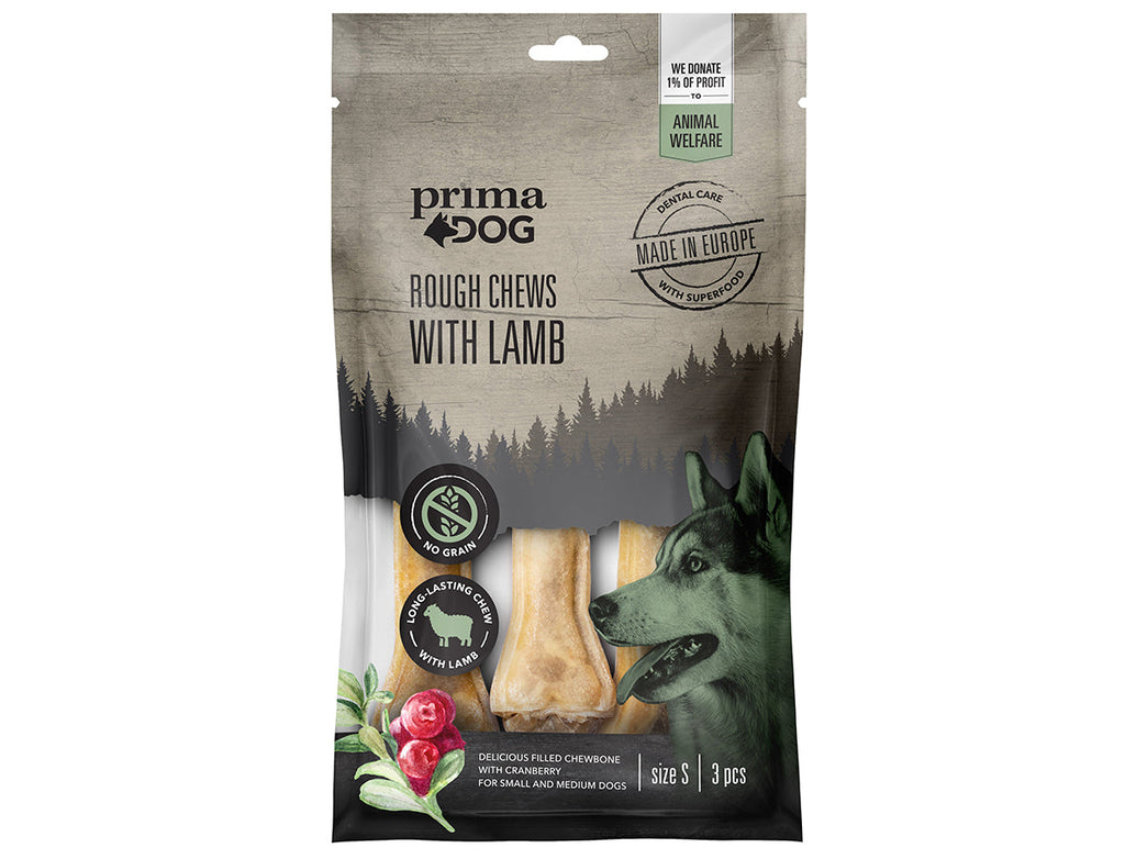 Påse med tuggben med lamm smak av varumärket Prima pet.