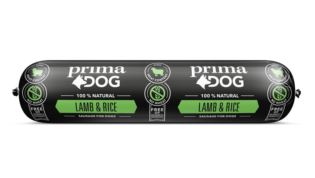 Bild på lamm ris korv paket av varumärket Prima pet.