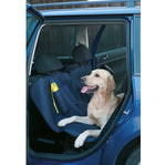 Hund liggandes på bilklädselskydd i bil.