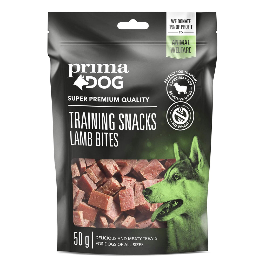 Bild på lamm training snacks paket av varumärket Prima pet.