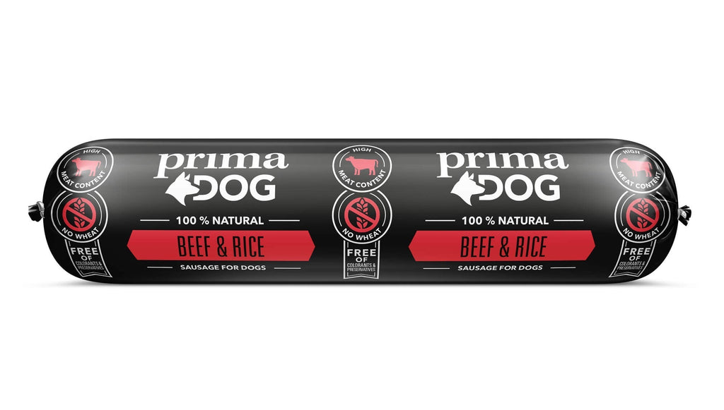Bild på nöt ris korv paket av varumärket Prima pet.