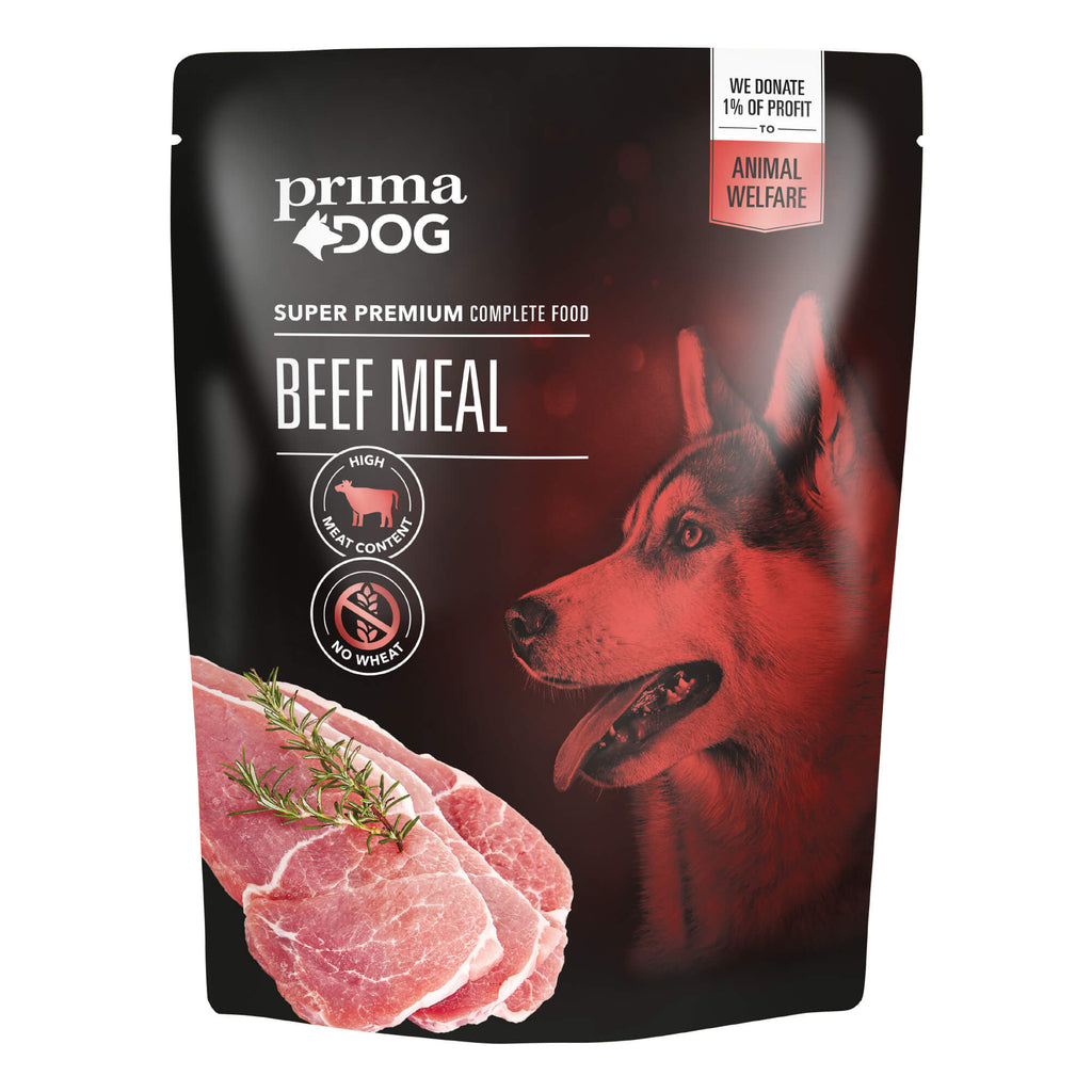 Bild på biff måltid påse av varumärket Prima pet.