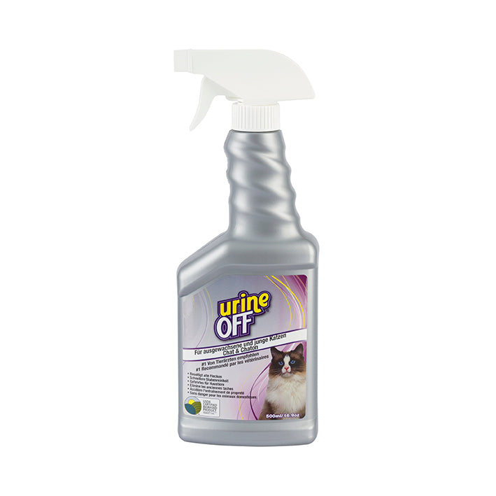 En större Urine-Off sprayflaska med etikett på: en katt samt information.