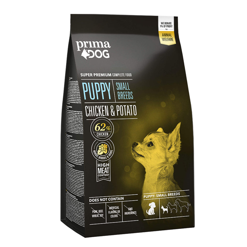 Bild på torrfoder påse till liten hund av varumärket Prima Pet. 