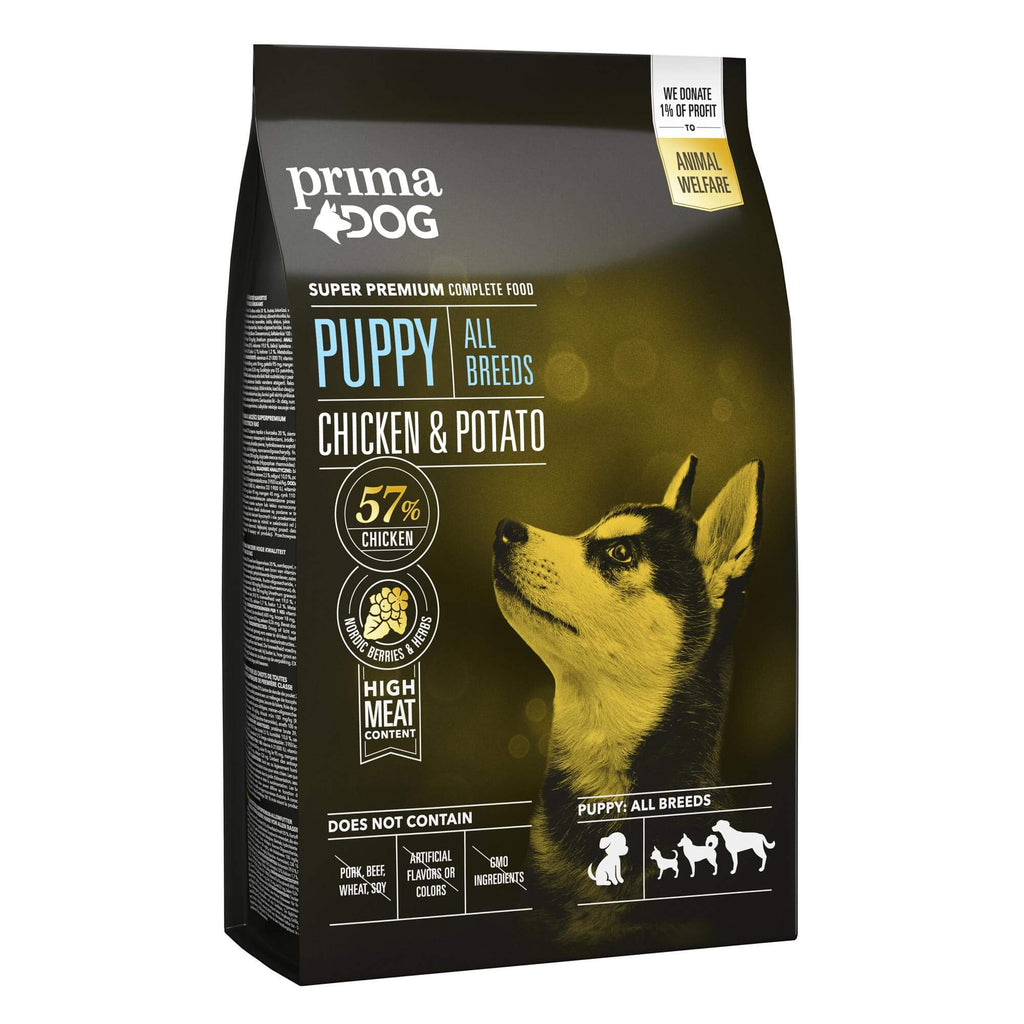 Bild på torrfoder påse till liten hund av varumärket Prima Pet. 