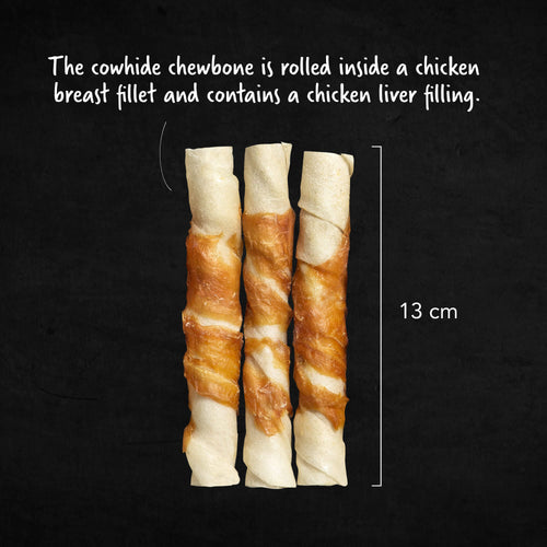 Bild på kyckling tuggrulle samt mått på hur långa de är.