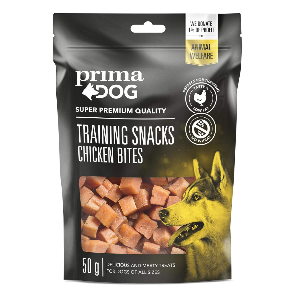 Bild på kyckling training snacks paket av varumärket Prima pet.