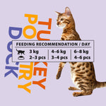 Bild på rekommendationer om mängd mat per kg som katten väger.